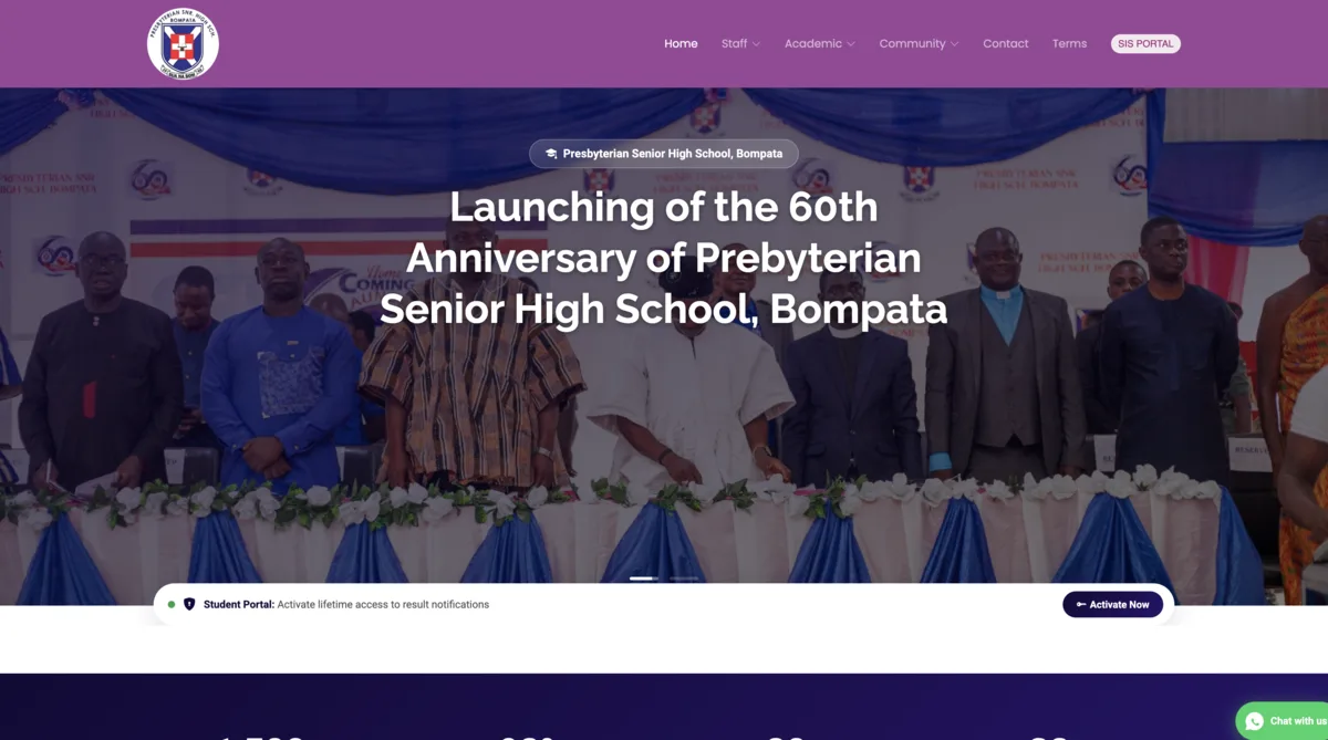 The Presbyterian Senior High School, Bompata website at presecb.edu.gh, running on Skuul